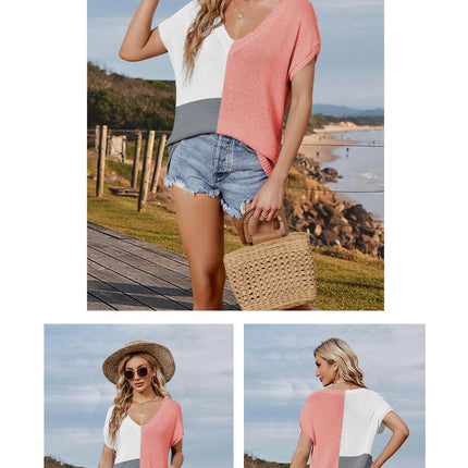 Women Summer V Neck Color Block Tops Knitted Short Sleeve Casaul Loose T Shirts