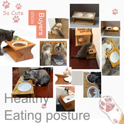Cat Bowls, Double Cat Food Bowls with Non-Slip Bamboo Stand, Elevated Cat Bowl Raised Pet Feeder, Cat Bowls Set - with 2 Ceramic Food and Water Bowls (Classic Style)