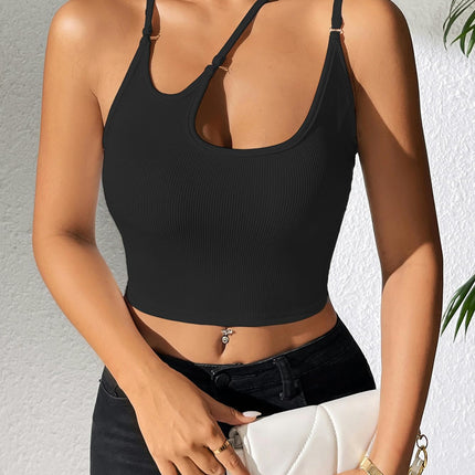 Women Spaghetti Strap Asymmetrical Neck Cut Out Sleeveless Crop Tank Top