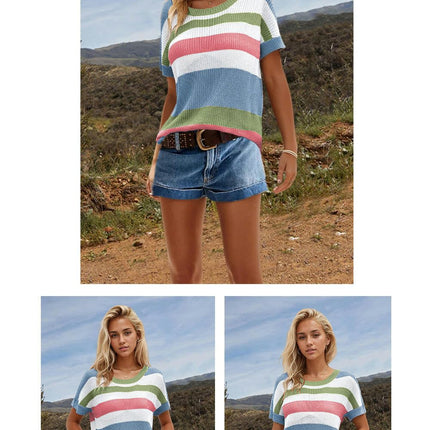 Women Summer Crew Neck Color Block Tops Knitted Short Sleeve Casaul Loose Blouses