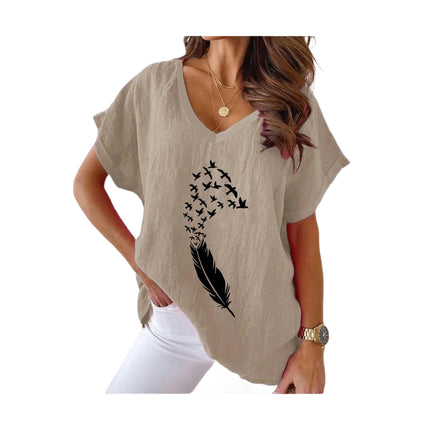 Women's Summer Cotton Linen Short Sleeve Tops Casual V Neck Loose Fit Printed T-Shirt
