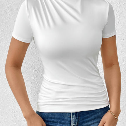 Womens Casual Short Sleeves Top High Neck Ruched Fitted T Shirts