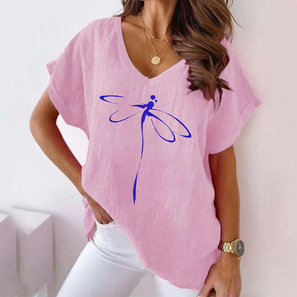 Women Summer Cotton Linen Tops Casual Loose Fit Short Sleeve V Neck T Shirt