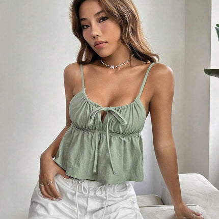 Women's Tie Front Backless Crop Top Spaghetti Strap Ruffle Hem Cami Tanks