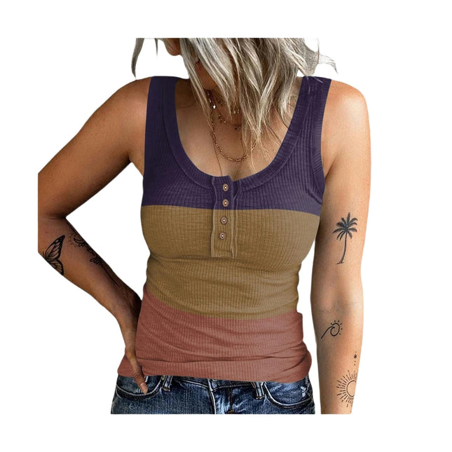 Womens Crew Neck Tank Tops Summer Ribbed Knit Sleeveless Henley Shirts