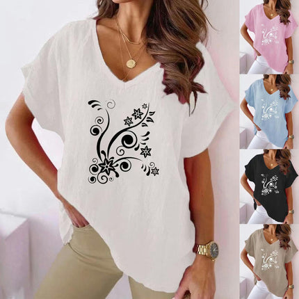 Womens Short Sleeve Cotton Linen Shirts Causal V-Neck Batwing T-Shirt Loose Tops