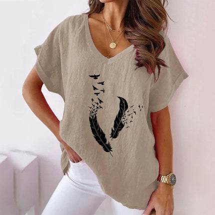 Womens Short Sleeve Cotton Linen Shirts Causal Summer V-Neck Batwing T-Shirt Loose Tops