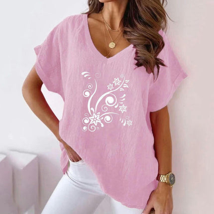Womens Short Sleeve Cotton Linen Shirts Causal V-Neck Batwing T-Shirt Loose Tops