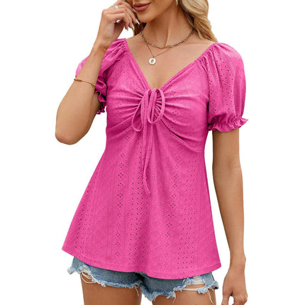 Women's V Neck Blouse Puff Short Sleeve Drawstring Casual Loose Tunic Tops