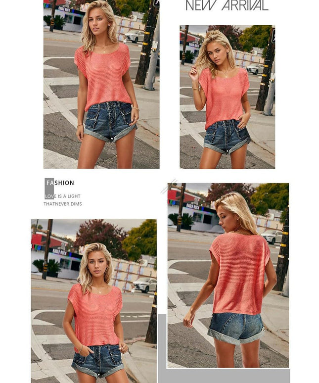 Women's Casual Hollow Out Short Sleeve T Shirts Crew Neck Knitted Tee Tops