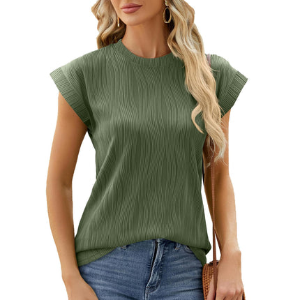 Womens Casual Cap Sleeve Tops Round Neck Summer Textured T Shirts Blouse