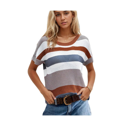 Women Summer Crew Neck Color Block Tops Knitted Short Sleeve Casaul Loose Blouses