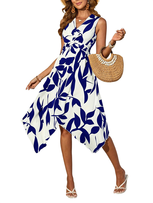Print Dress for Women Summer Casual V Neck Sleeveless Twist Flowy Asymmetrical Dress