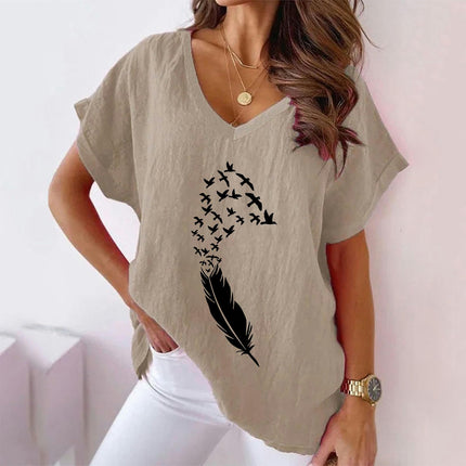 Women's Summer Cotton Linen Short Sleeve Tops Casual V Neck Loose Fit Printed T-Shirt