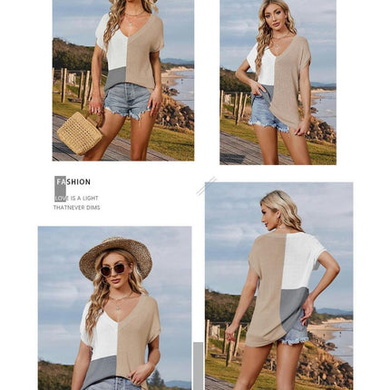Women Summer V Neck Color Block Tops Knitted Short Sleeve Casaul Loose T Shirts