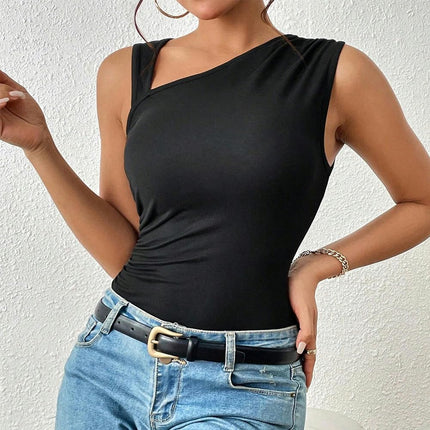 Women's Sexy Ruched Asymmetrical Neck Sleeveless Slim Tank Top