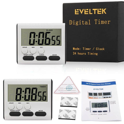 2 Pack Digital Kitchen Alarm Timer/Clock with Large LCD Display Loud Sounding Alarm,Countdown or CountUp for Cooking/School/Games (Black Key)