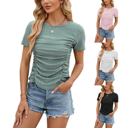 Womens Summer Tops Short Sleeve Crew Neck Ruched T Shirts