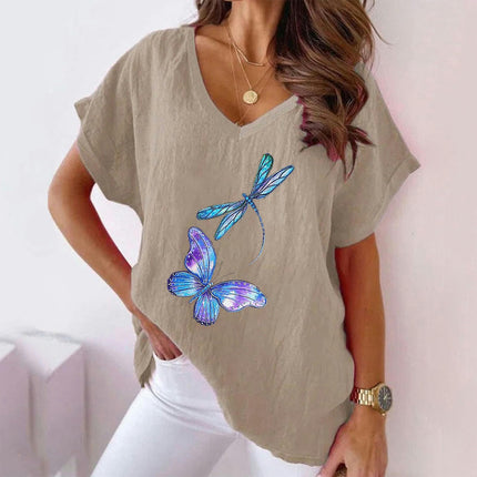 Women's Summer Cotton Linen Short Sleeve Printed Tops Casual V Neck Loose Fit T-Shirt