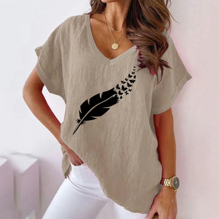 Women Summer Casual V Neck Cotton Linen Tops Loose Fit Short Sleeve Printed Tee Shirt
