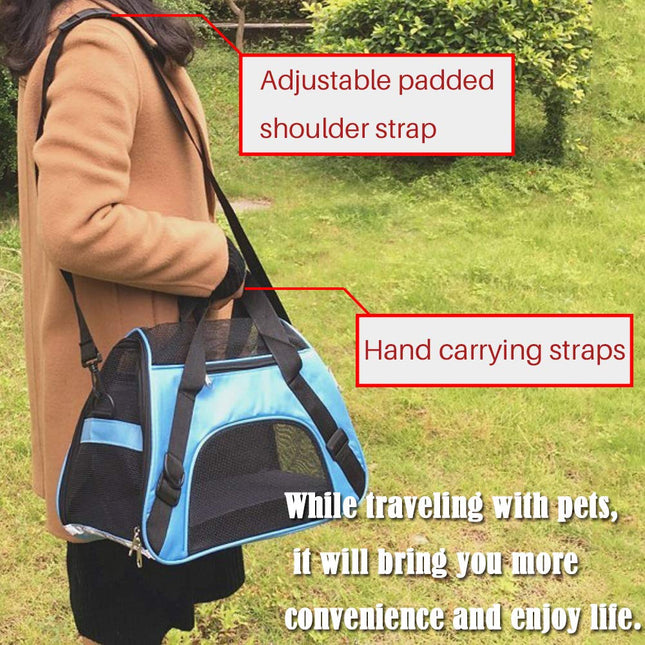 Soft Side Pet Carrier Travel Bag for Cats Rabbits and The Others Small Animals, Portable, Collapsible, Comes Shoulder Strap, Safety Buckle Zippers, Newly Designed (L, Blue)