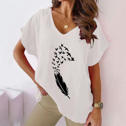 Women's Summer Cotton Linen Short Sleeve Tops Casual V Neck Loose Fit Printed T-Shirt