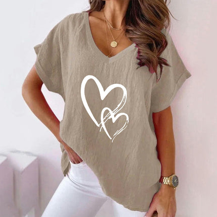Women Casual V Neck Cotton Linen Tops Loose Fit Short Sleeve Printed Summer Tee Shirt