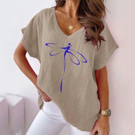 Women Summer Cotton Linen Tops Casual Loose Fit Short Sleeve V Neck T Shirt