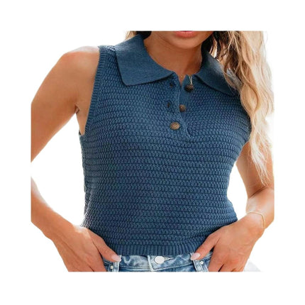Womens Summer Button Down Collar Sleeveless Knit Slim Crop Tank Tops