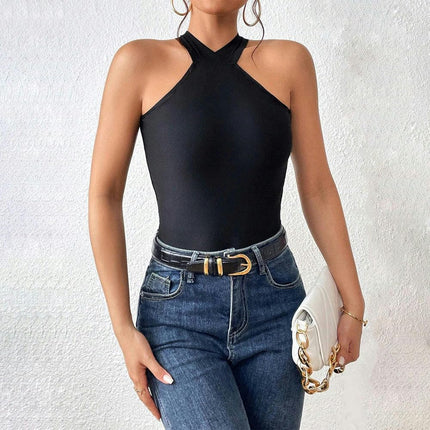 Women's Cirss Cross Tie Back Tank Top Sleeveless Halter Cropped Camisole