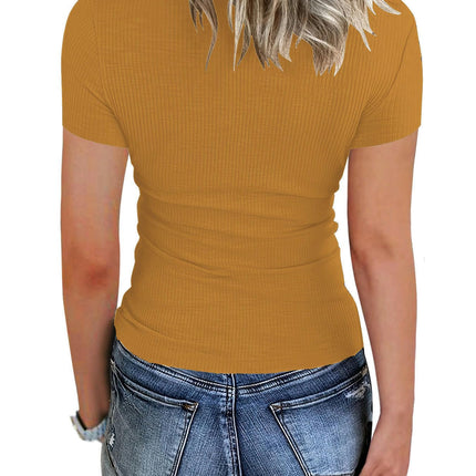 Women’s Short Sleeve T Shirts Button Down Slim Fit Tops Scoop Neck Ribbed Knit Shirts