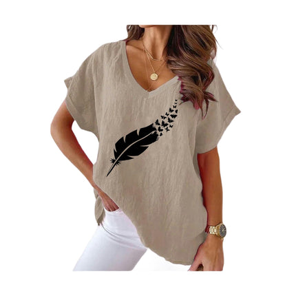 Women Summer Casual V Neck Cotton Linen Tops Loose Fit Short Sleeve Printed Tee Shirt
