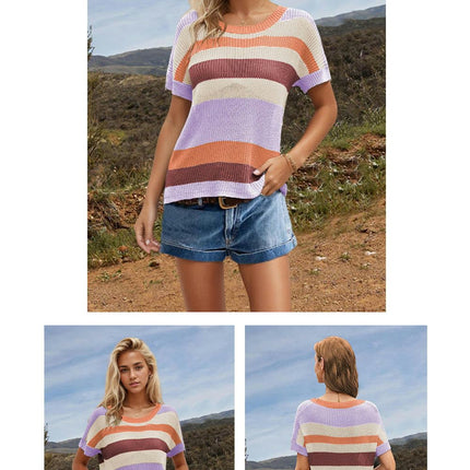Women Summer Crew Neck Color Block Tops Knitted Short Sleeve Casaul Loose Blouses