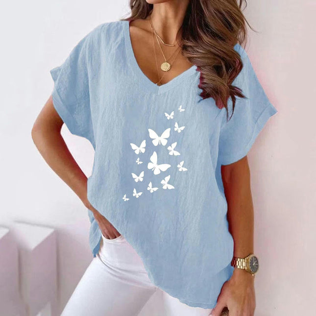 Womens Summer Short Sleeve Cotton Linen Shirts Causal V-Neck Batwing T-Shirt Loose Tops