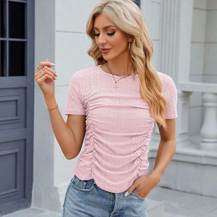 Womens Summer Tops Short Sleeve Crew Neck Ruched T Shirts