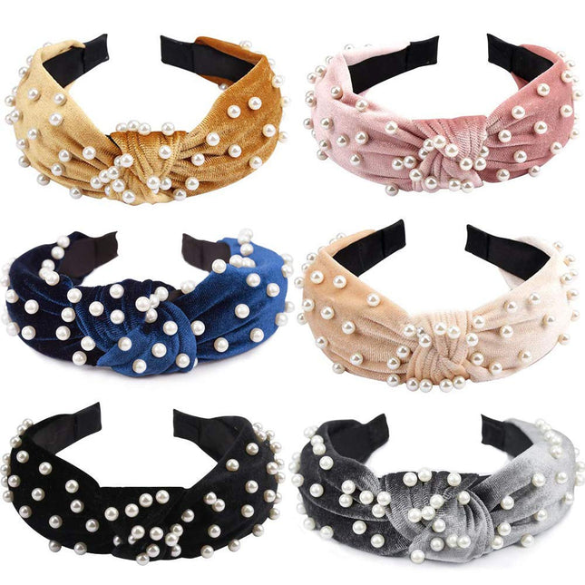 Fashion Velvet Headbands, 6 Pack Vintage Hairbands Wide hairband Pearl Knot Turban Headband with elegant faux pearls Hair Hoops Fashionable Hair Accessories for Girls Women (6 colors)