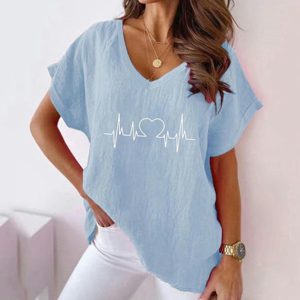 Womens Summer Short Sleeve Cotton Linen Shirts V-Neck Batwing T-Shirt Loose Tops