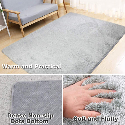 Area Rugs, Home Decor Super Soft Touch Feeling Indoor Modern Shaggy Fluffy Carpet Anti-Skid Area Rug Comfortable Memory Foam Padding for Living Room Bedroom Grey