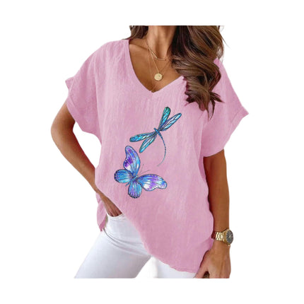 Women's Summer Cotton Linen Short Sleeve Printed Tops Casual V Neck Loose Fit T-Shirt