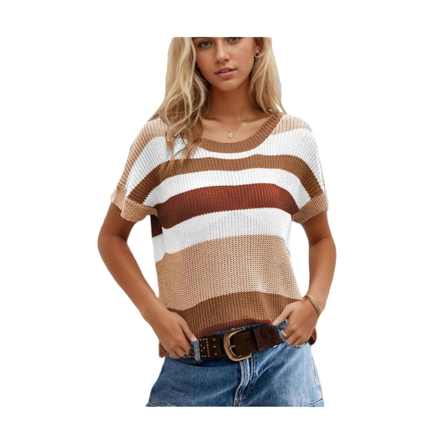 Women Summer Crew Neck Color Block Tops Knitted Short Sleeve Casaul Loose Blouses