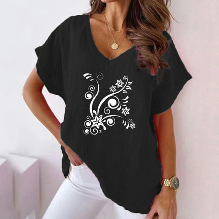 Womens Short Sleeve Cotton Linen Shirts Causal V-Neck Batwing T-Shirt Loose Tops