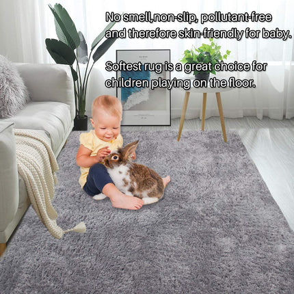 Area Rugs, Home Decor Super Soft Touch Feeling Indoor Modern Shaggy Fluffy Carpet Anti-Skid Area Rug Comfortable Memory Foam Padding for Living Room Bedroom Grey