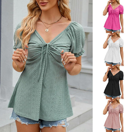 Women's V Neck Blouse Puff Short Sleeve Drawstring Casual Loose Tunic Tops