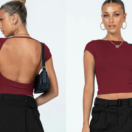 Women's Scoop Neck Backless Crop Top Short Sleeve Slim Fit T Shirt