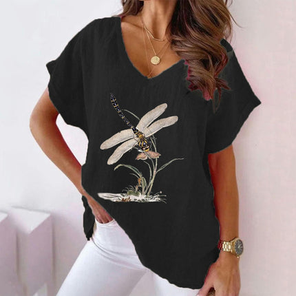 Women's Summer Cotton Linen Printed Short Sleeve Tops Casual V Neck Loose Fit T-Shirt