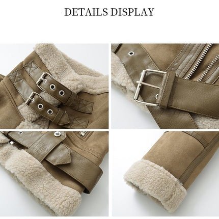 Khaki shearling jacket detail collage in English
