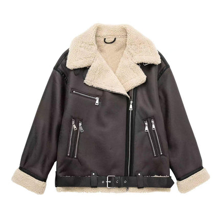 Brown faux leather shearling biker jacket SKU image