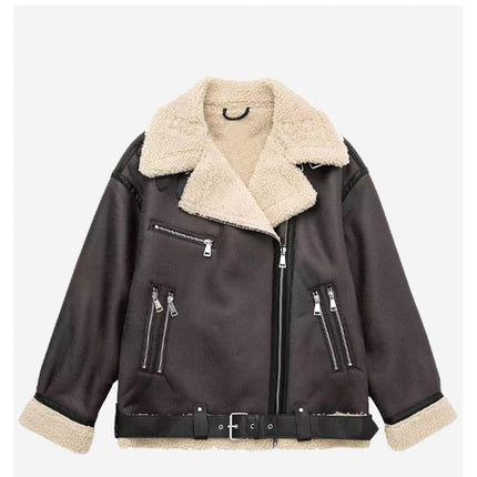 Brown faux leather shearling jacket English details