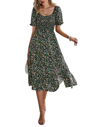 Womens Dresses Bohemia Floral Puff Sleeve Flounce Sleeve Dress Casual Chic Lightweight Basic Summer Sundress