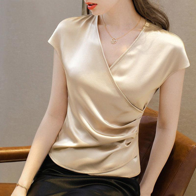 Summer New Short Sleeve V-Neck Top Women's Short T-Shirt Loose Acetate Satin Base Shirt Fashionable and Stylish
